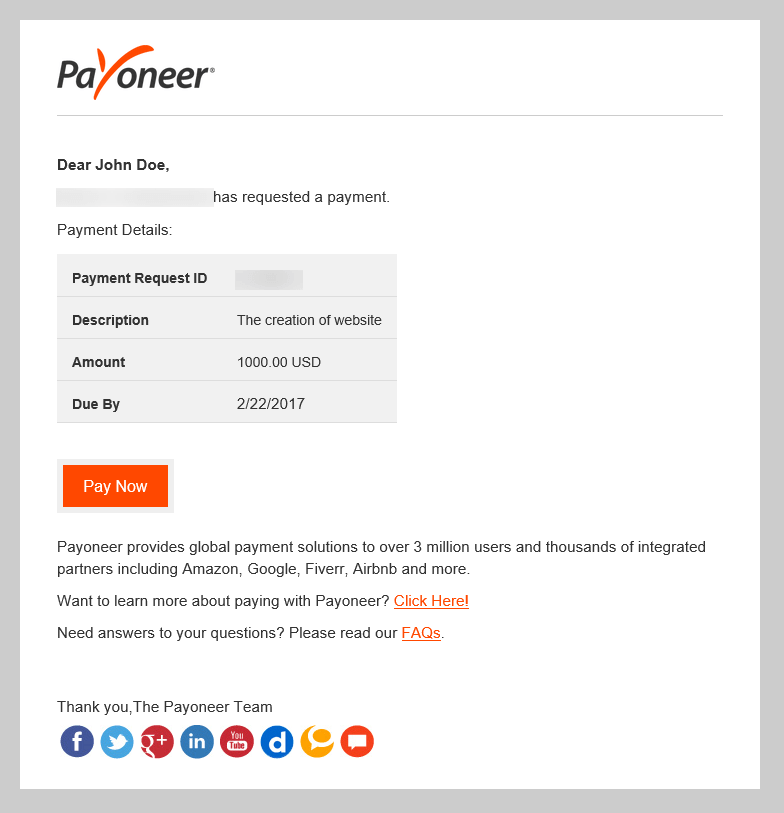 e-mail від Payoneer для оплати запитаного платежу