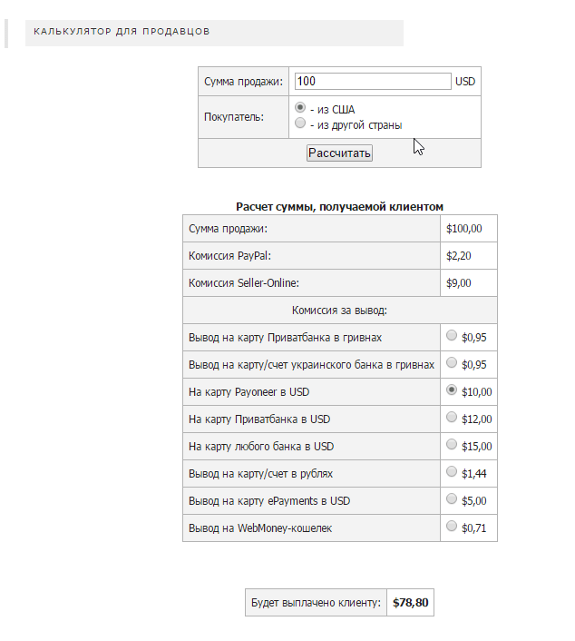 калькулятор вывода из Etsy на Payoneer