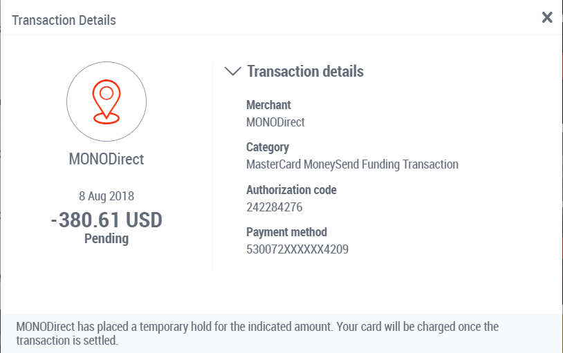 Списание с карты Payoneer при пополнении моно