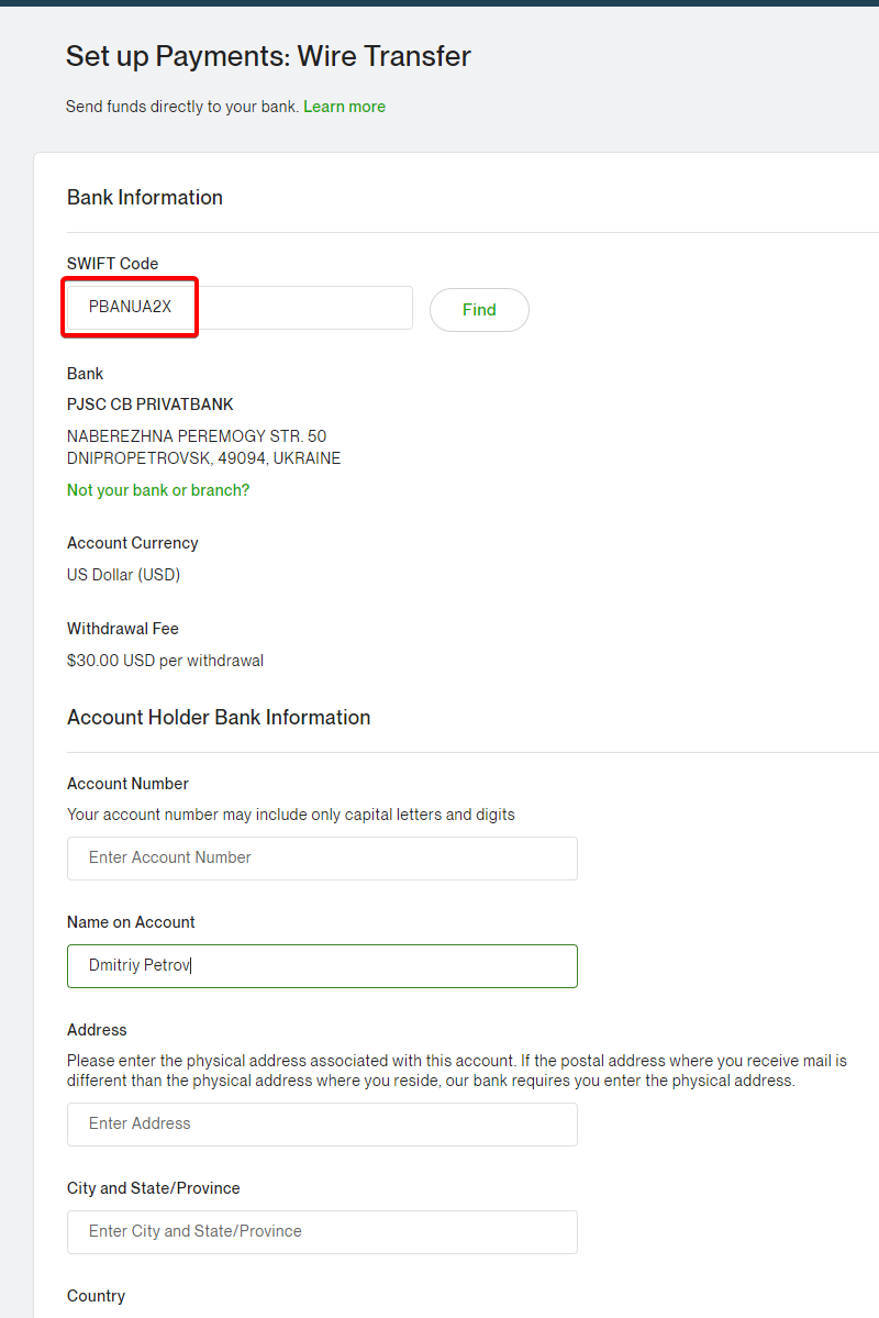 Добавление Wire Transfer как способа вывода денег из upwork