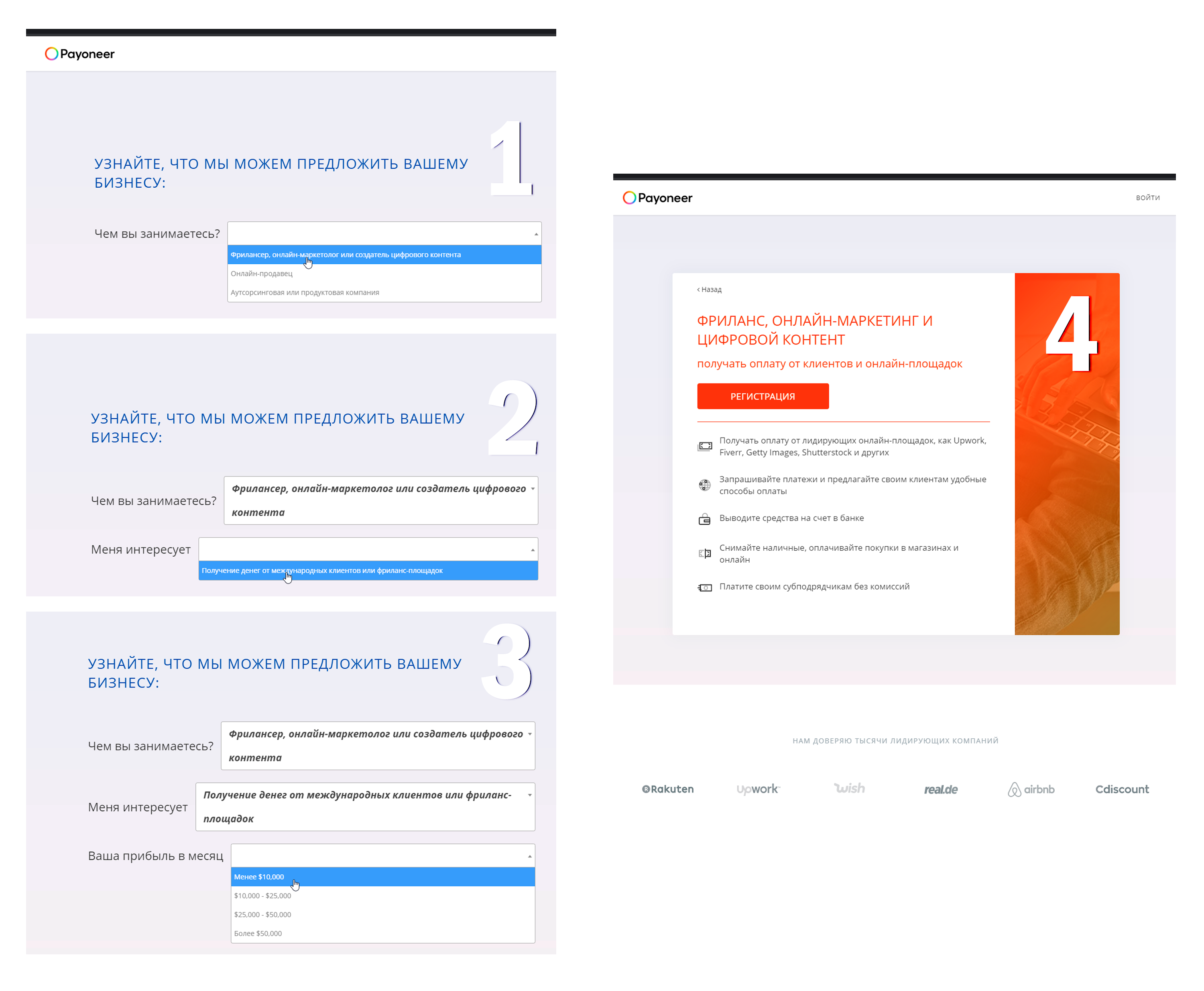 Предварительные вопросы от Payoneer перед регистрацией аккаунта