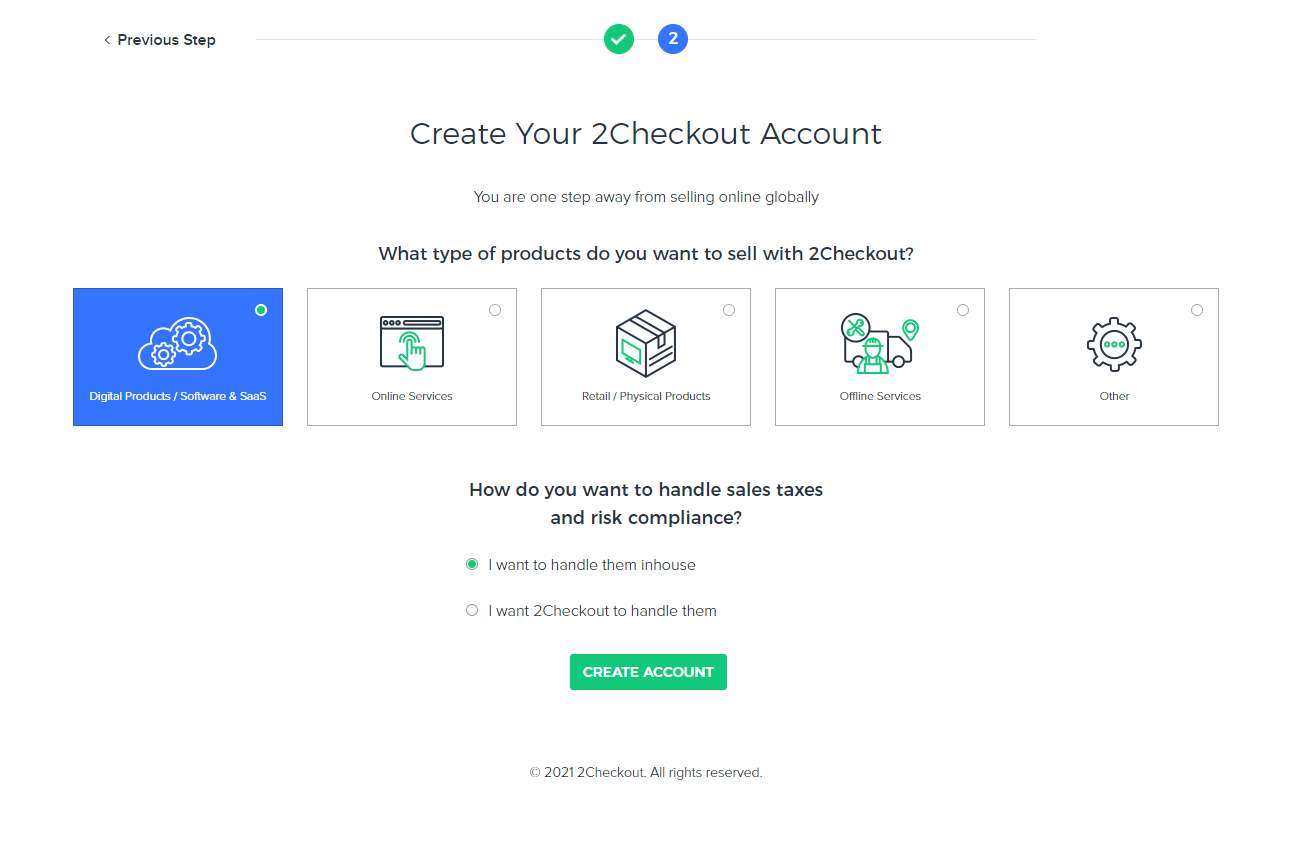 Регистрация в 2Checkout из Украины - второй шаг
