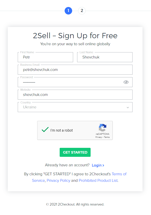 Регистрация в 2Checkout из Украины - первый шаг